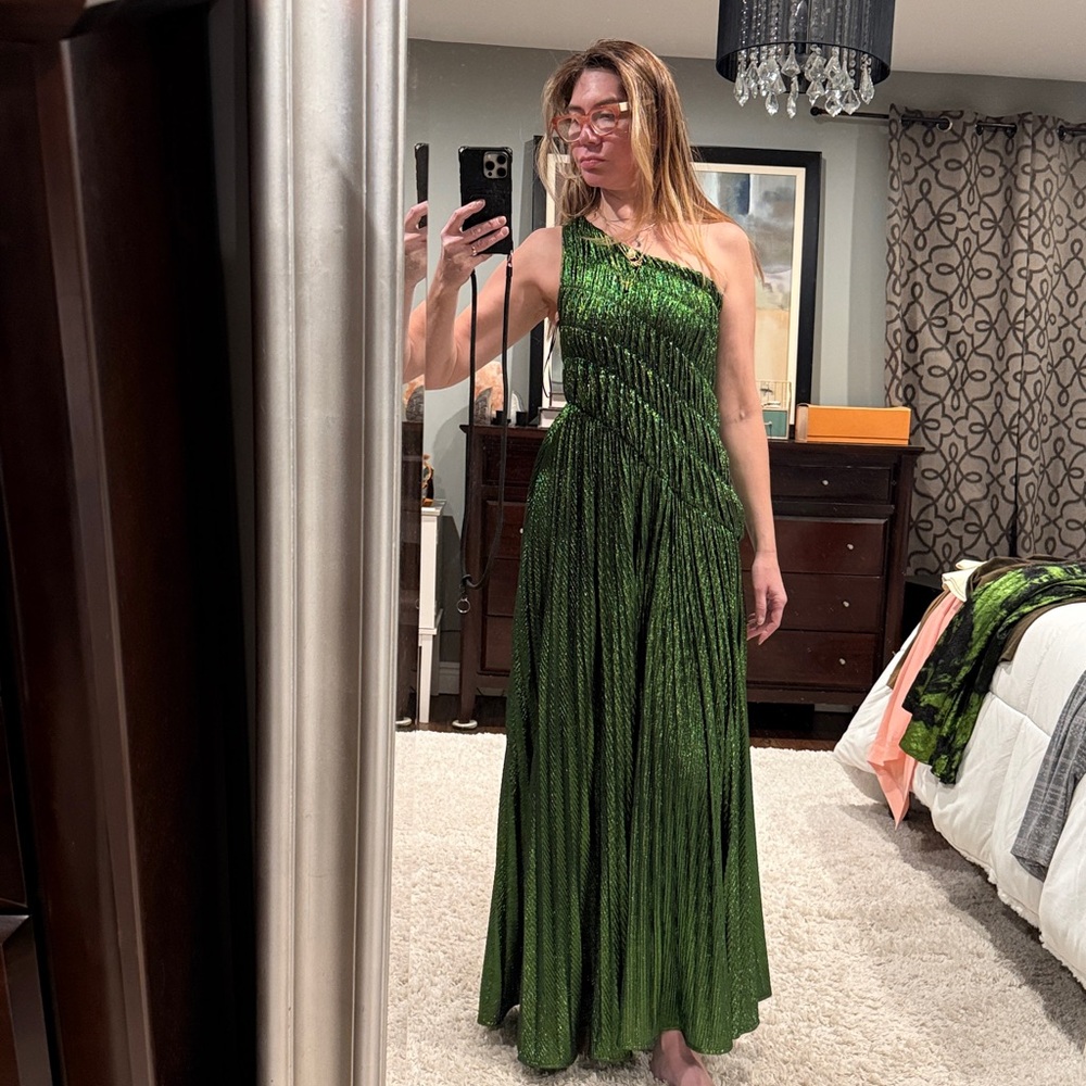 Elegant Green Maxi Dress Akira Stay radiant Metallic chiffon maxi dress size S